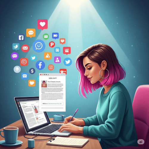 Person promoting products via blog and social media for affiliate marketing.