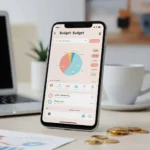 Smartphone showing budgeting app next to a laptop and calculator – best digital tools for money management