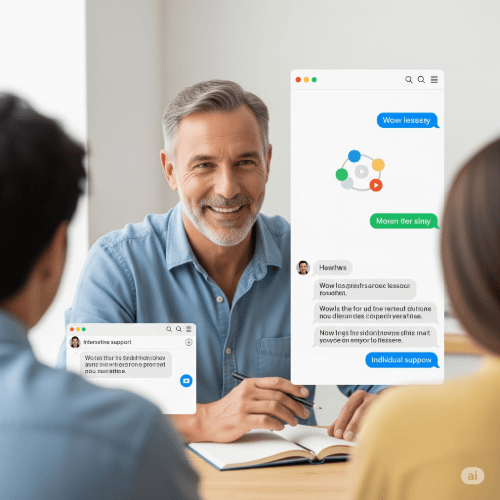 Teacher conducting an online tutoring session with students via video call and messaging interface.
