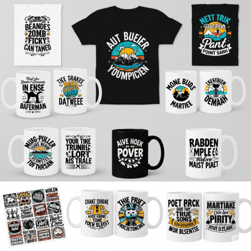 Designs for T-shirts, mugs, and stickers for print-on-demand stores.